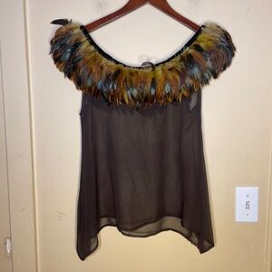 Feather-Trim Off-Shoulder Silk Top - Brown with Multicolor Feather Collar